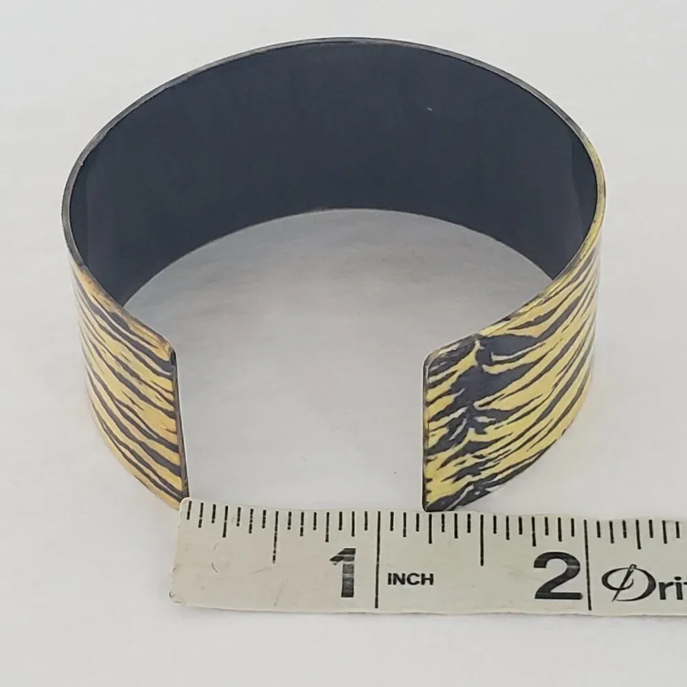 Yellow Black Tiger Stripe Glitter‎ Enamel Metal Cuff Statement Wide Bracelet